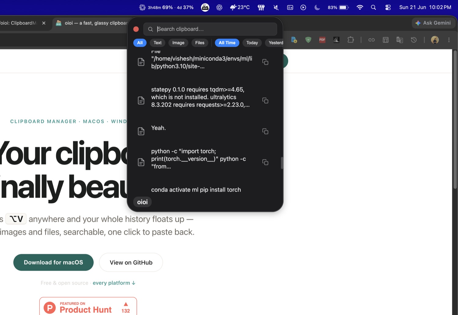 oioi dropping down from the macOS menu bar