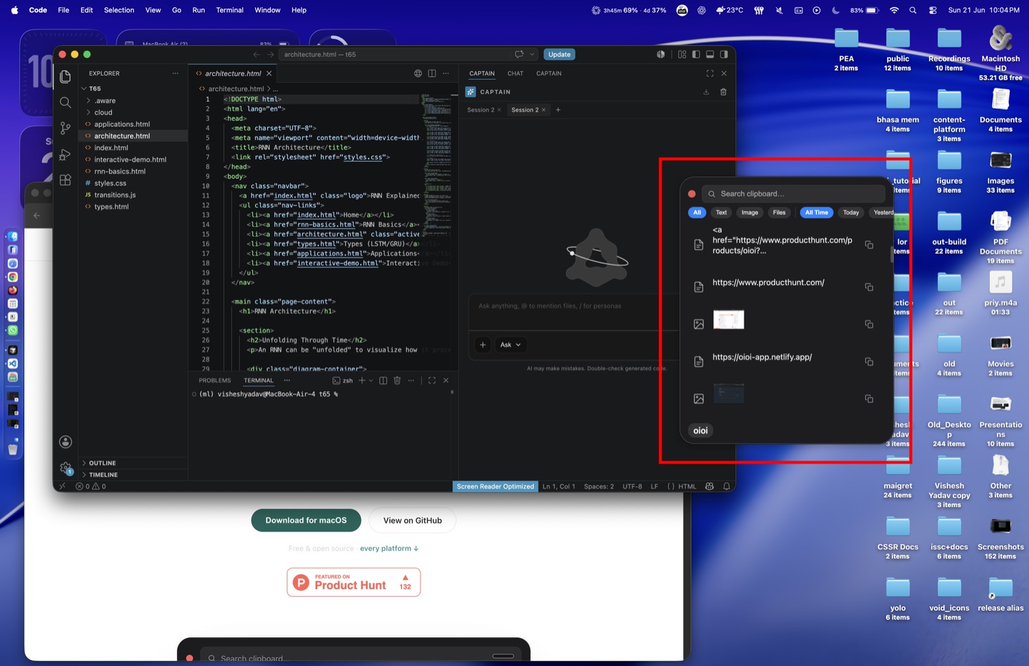 oioi floating over a desktop and code editor